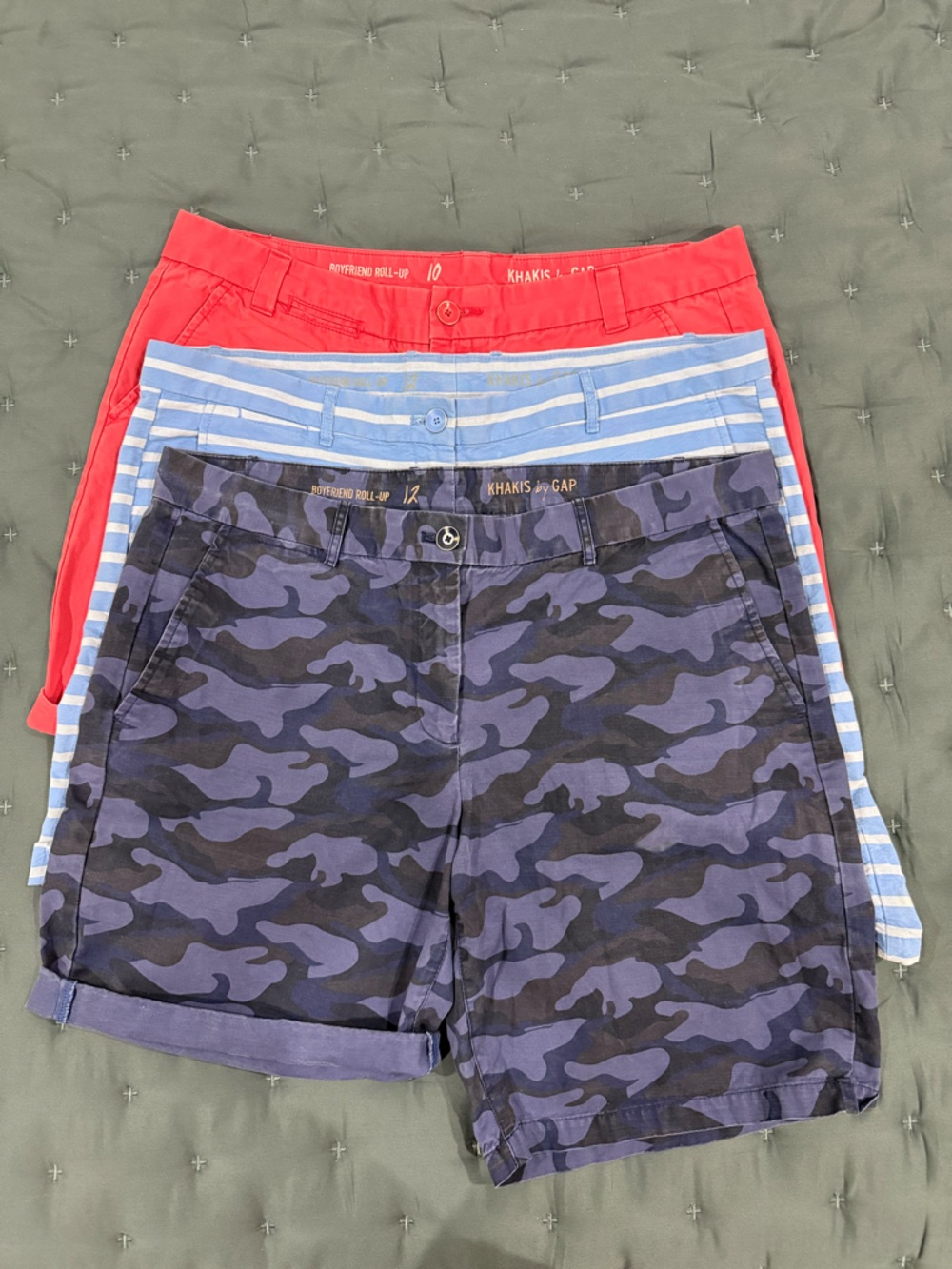 GAP Boyfriend Roll-Up Shorts Trio - Navy Camo, Light Blue Stripe & Coral.